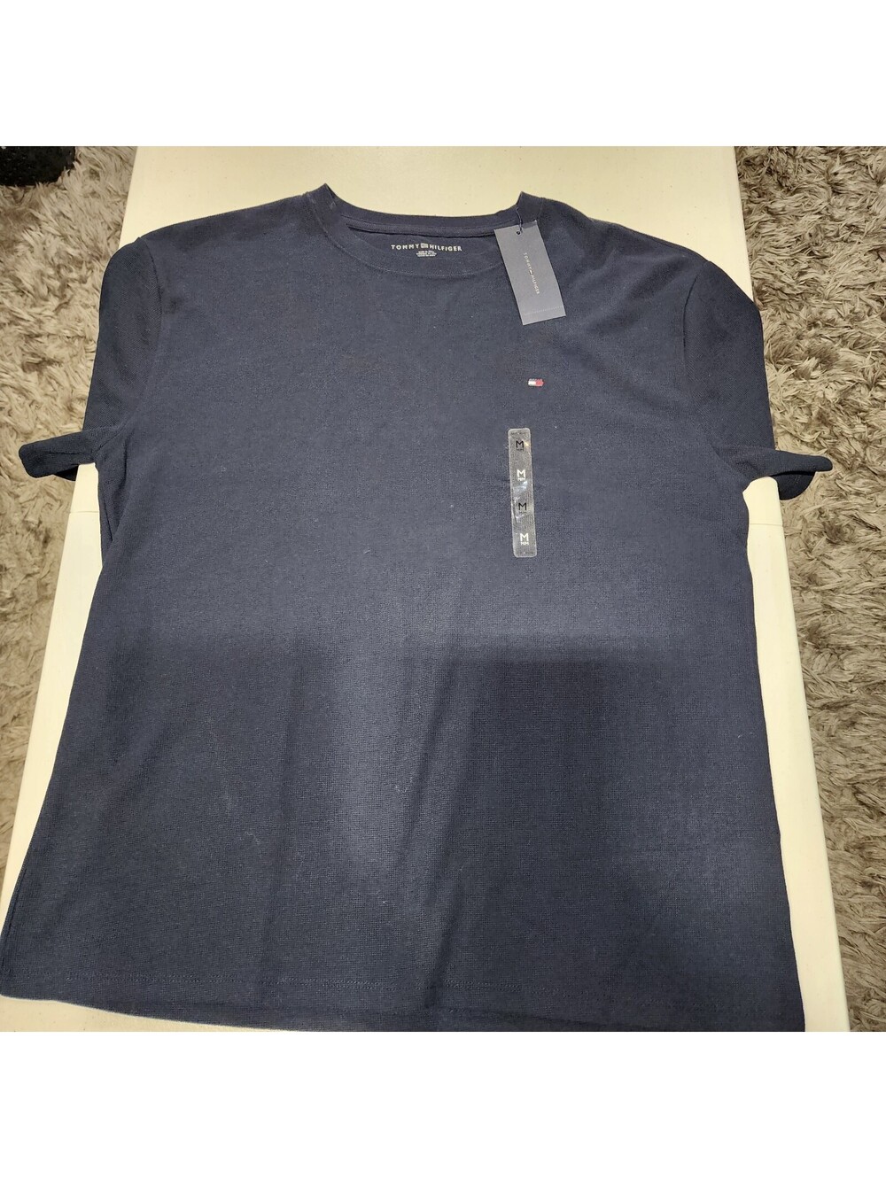 Tommy Hilfiger Knit Logo T-Shirt Navy Blue M Crew Neck Cotton Polyester